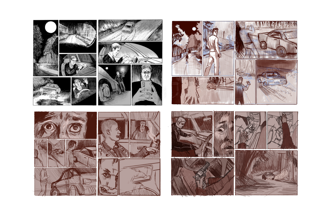 The first 4 spreads, 8 pages of, scene 1.