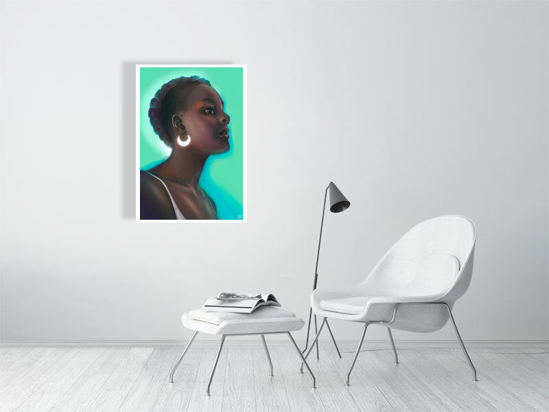 Modern interior with a white chair, ottoman, and lamp, featuring a framed portrait of a woman on the wall.