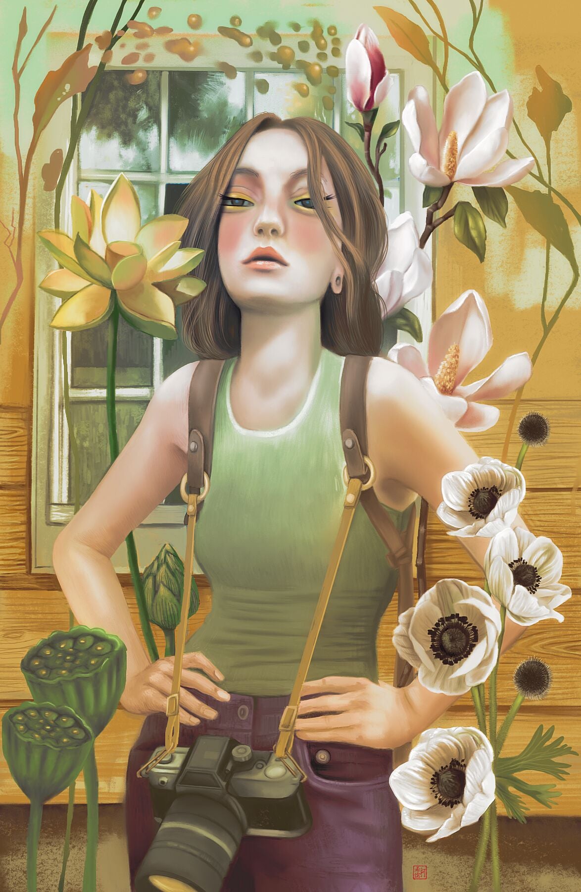 Girl with a Camera is a quietly powerful fine art painting that balances stillness with symbolic depth.