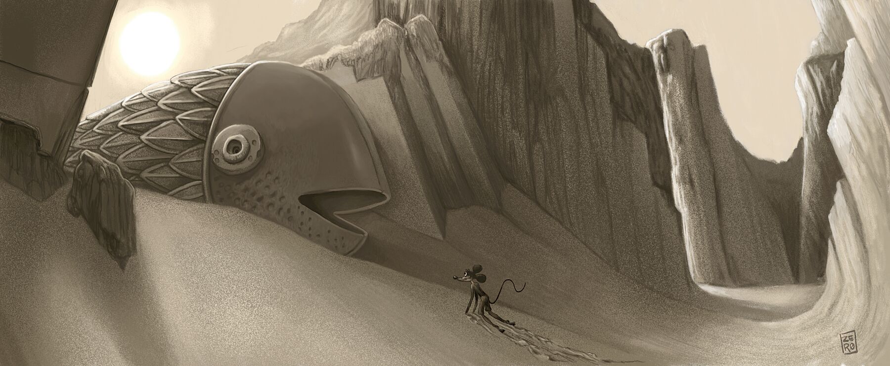 Illustration of a small figure standing before a large fish-like creature in a desert landscape.