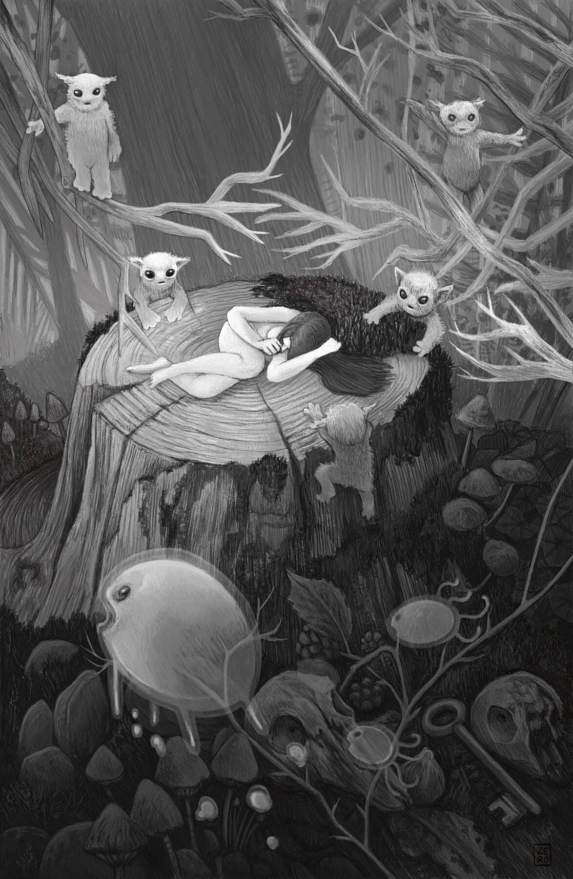 Black and white illustration of a woman lying on a bed surrounded by small creatures in a forest setting.