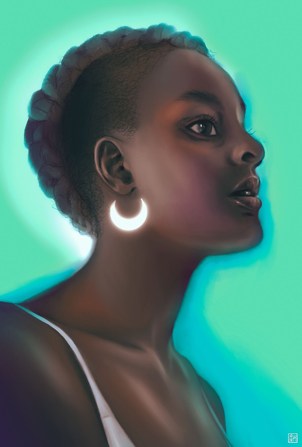 Woman wearing a crescent moon earring against a green background