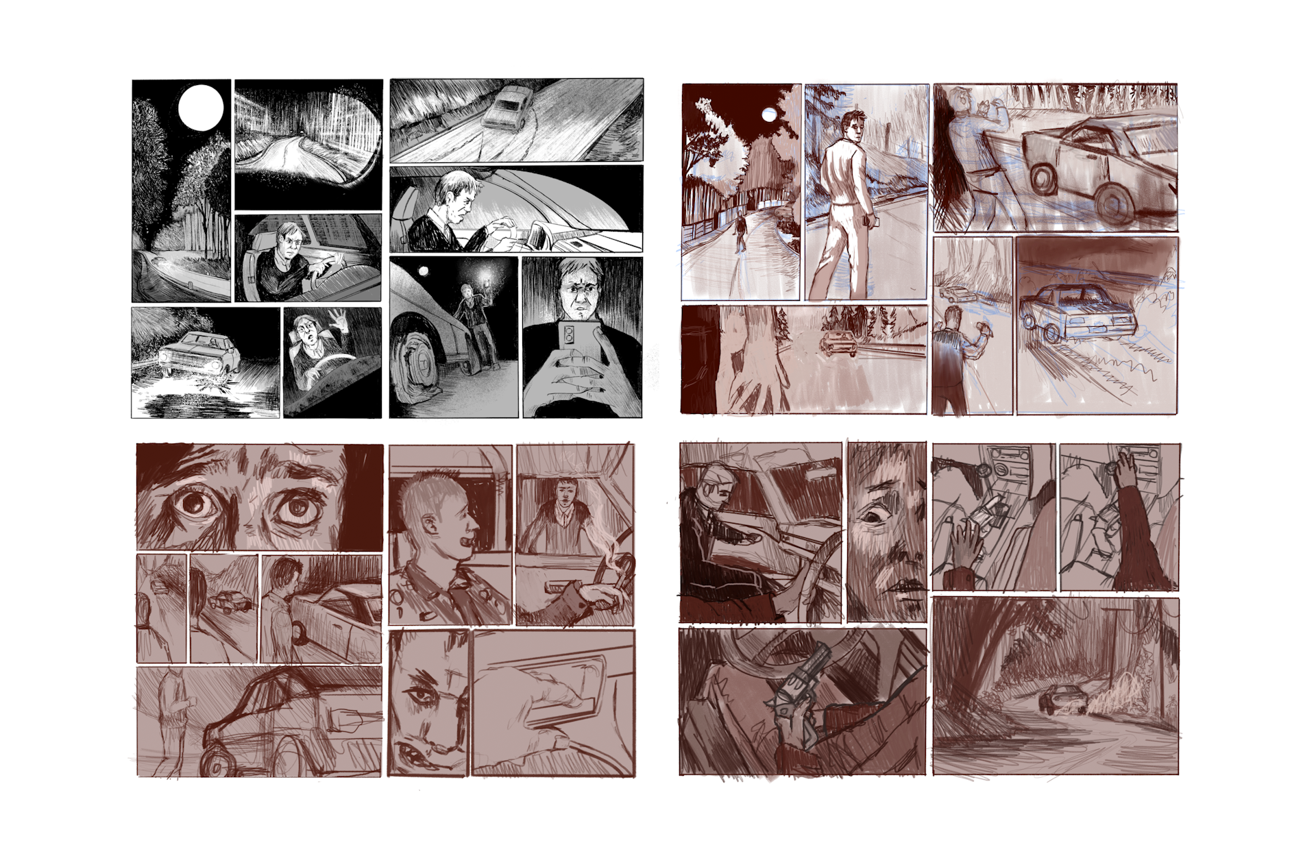 The first 4 spreads, 8 pages of, scene 1. 