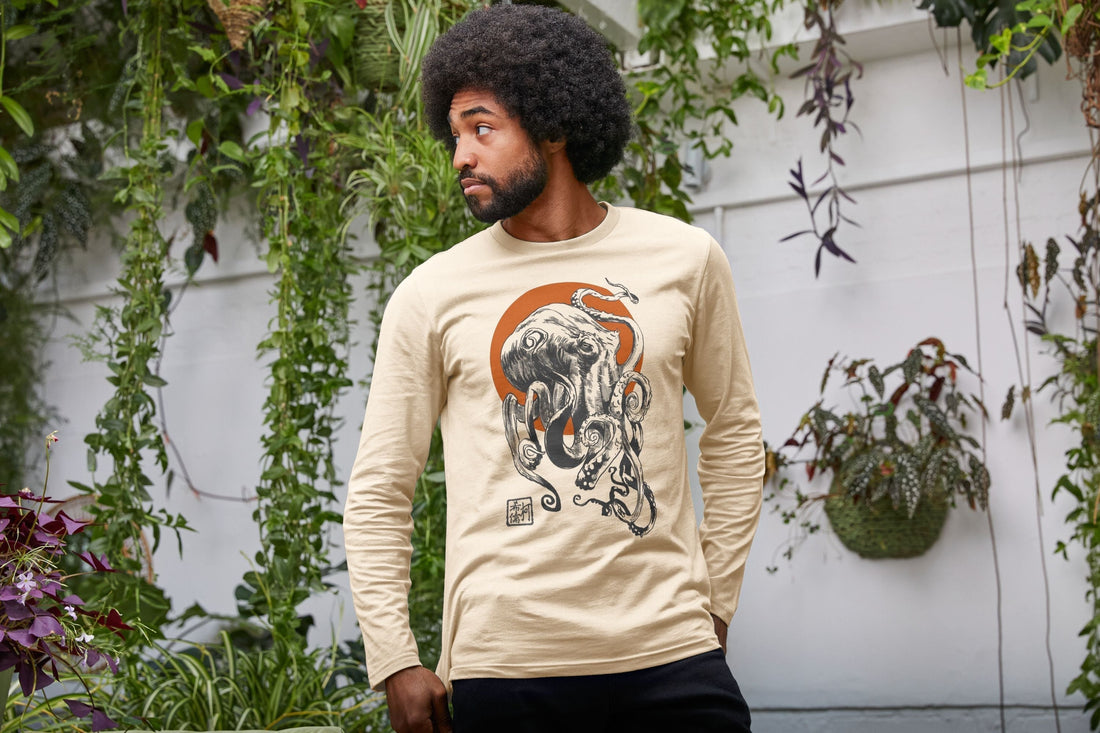 A guy wears a cool what the kraken long sleeve tee