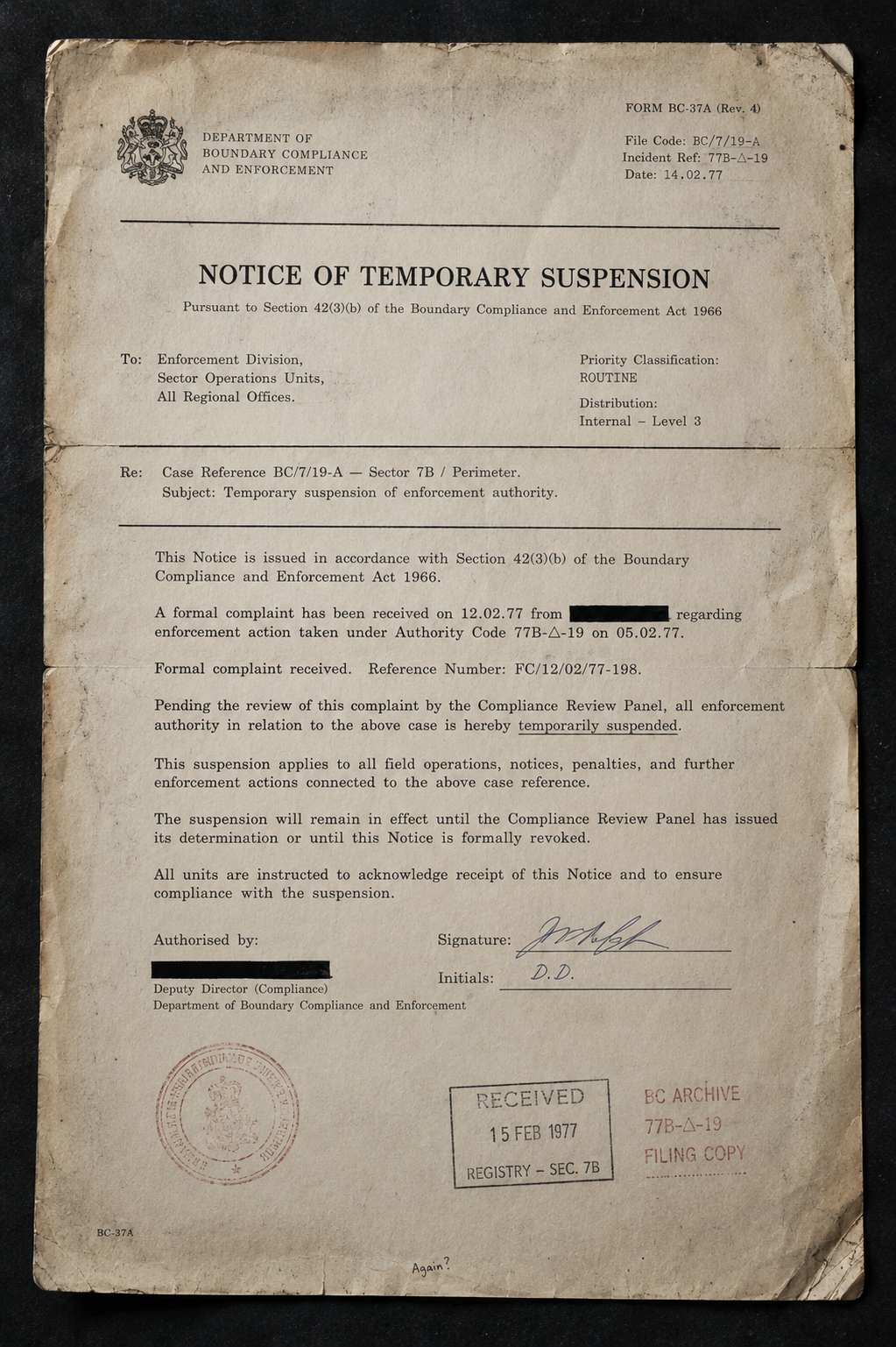 A found fragment from the silent dance world, this is a notice of temporary suspension