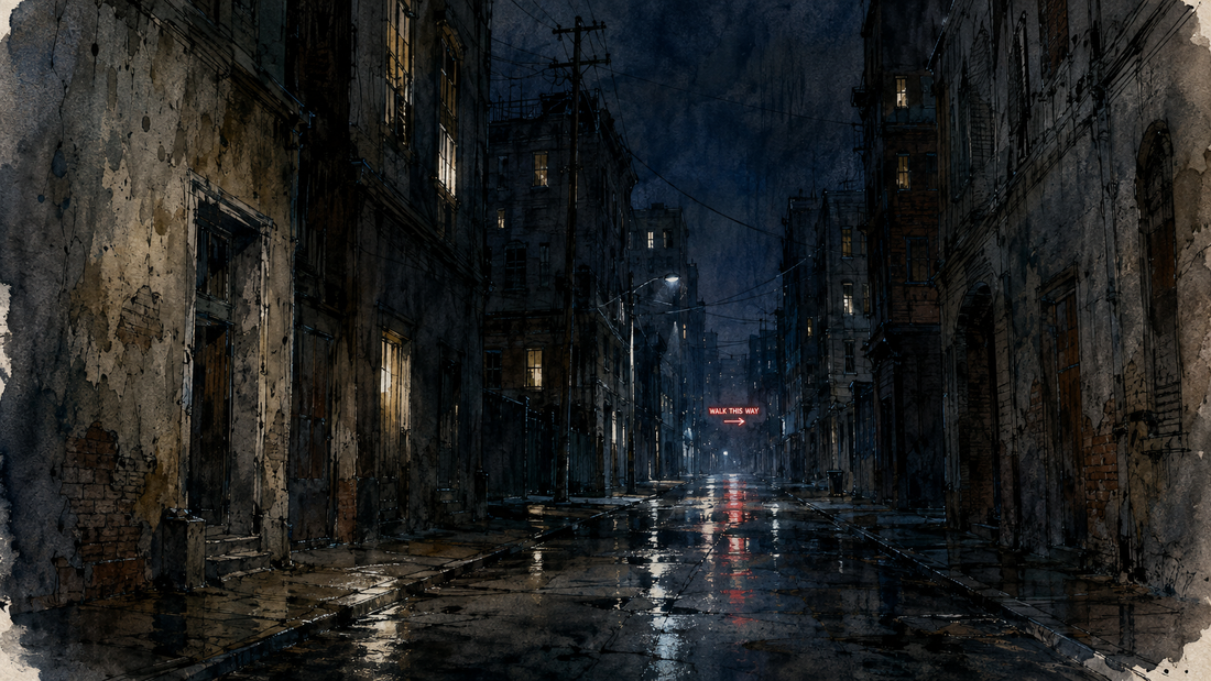 Rain soaked street with a neon sign at the end saying walk this way