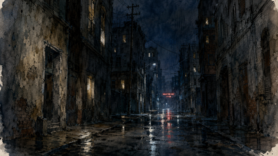 Rain soaked street with a neon sign at the end saying walk this way