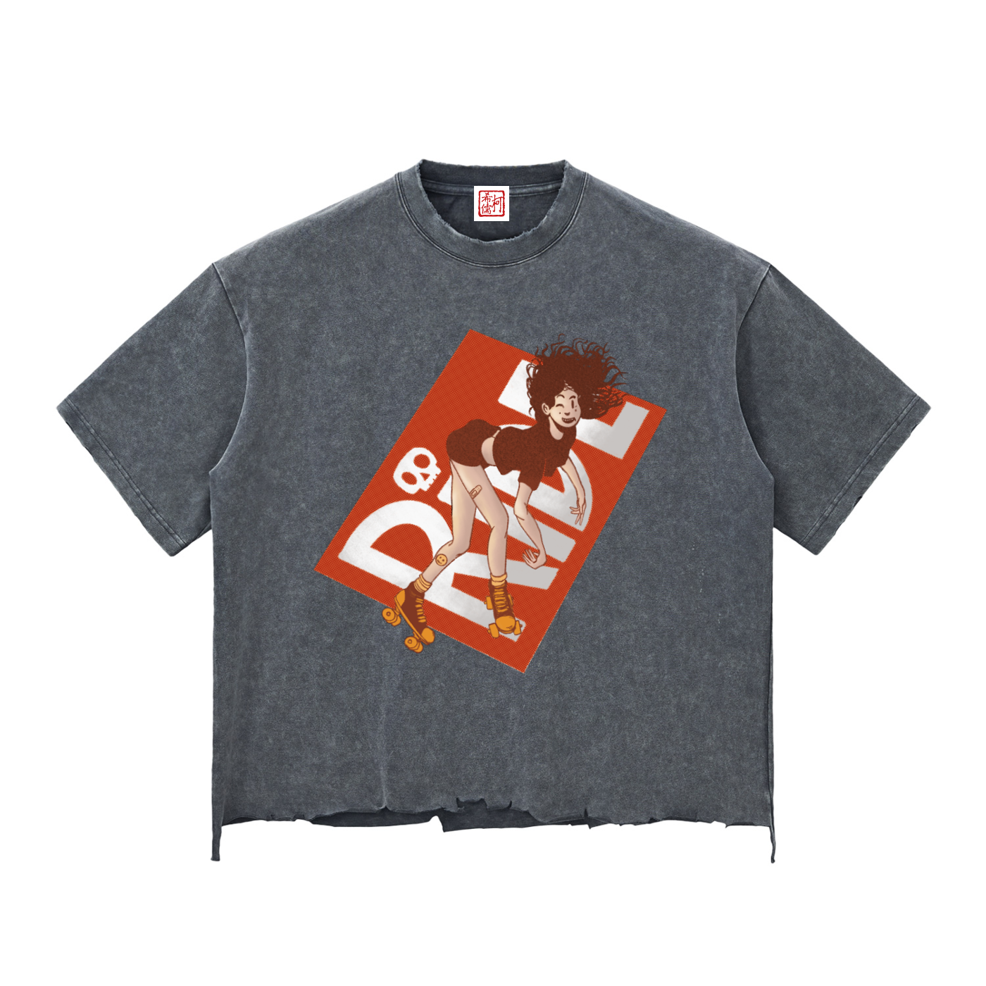 Gray t-shirt with a graphic design of a woman on a red background, displayed on a white background.