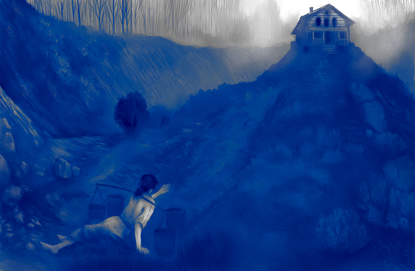 Blue-toned illustration of a person lying on the ground with a house on a hill in the background.