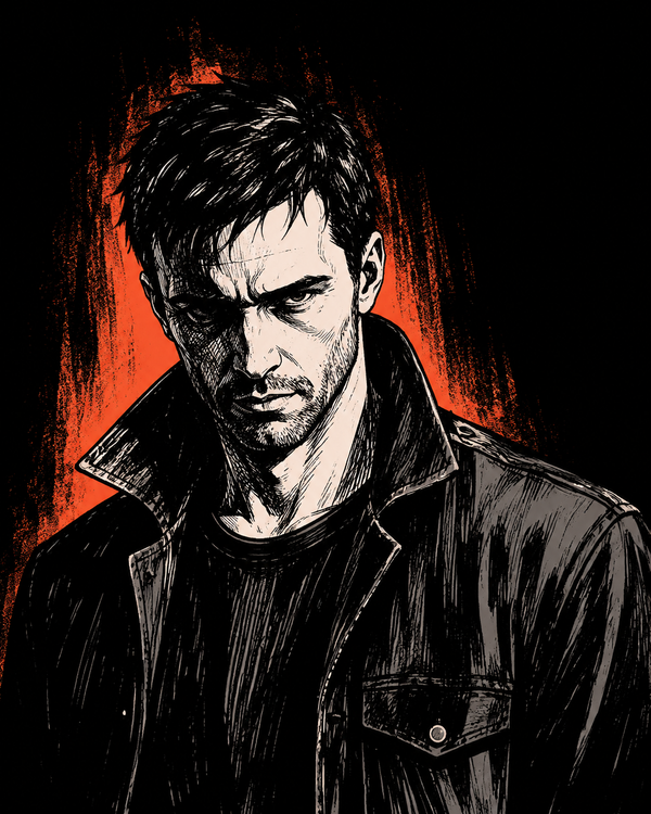 A stylized black-and-red illustrated portrait of a Abe in a dark jacket, with a blurred square obscuring the center of the face.