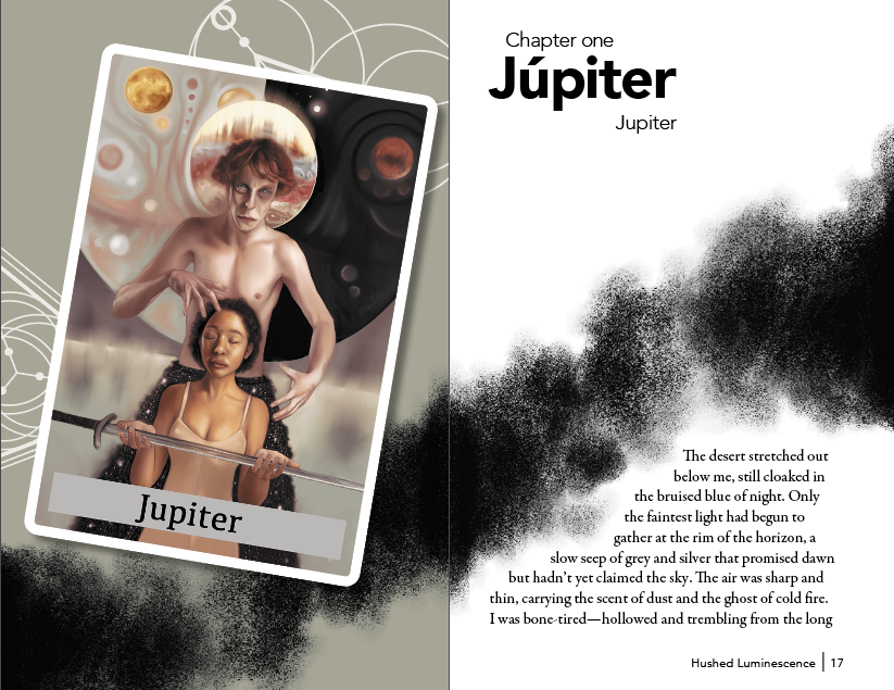 Book page with a tarot card illustration of two people and the word 'Jupiter', with text on the right side.