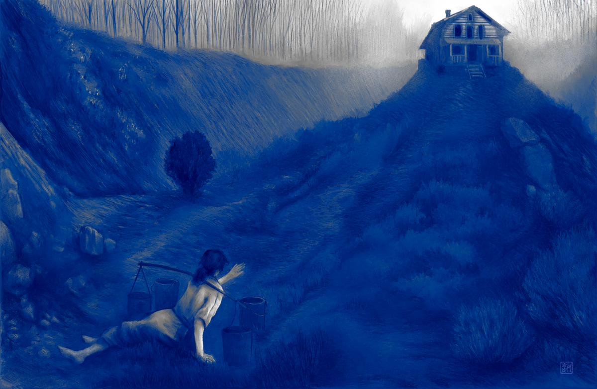 Illustration from the grey house by ciro correia. A dark blue-toned painting depicting a lone figure carrying water buckets up a steep hill toward a small house on a ridge, with a forest in the background.