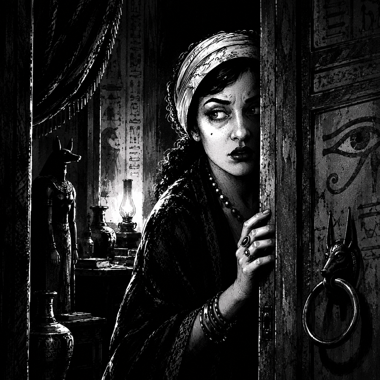Black and white illustration of Madame Bea in ancient Egyptian attire peeking from behind a wooden door, with hieroglyphics, a lamp, and an eye motif visible in the background.