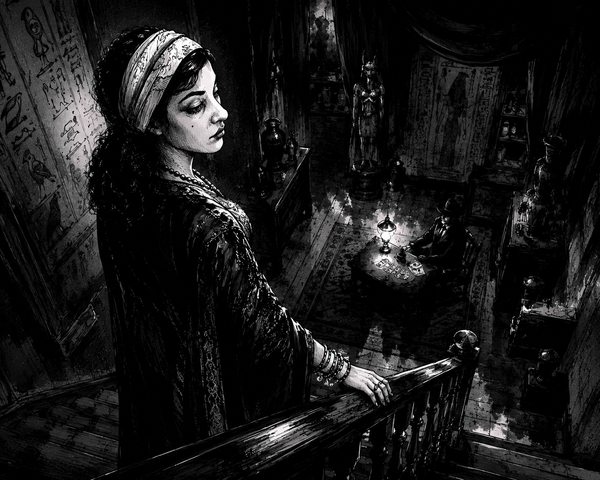 Black and white illustration of a Madame Bea in traditional Middle Eastern attire, wearing a headband and looking down a dark staircase in a dimly lit room with candles and statues.