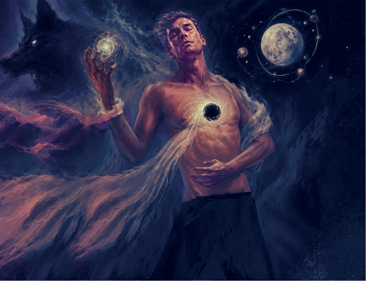 Fantasy artwork showing a shirtless man with glowing magical energy around him, a large wolf-like creature behind him, floating lanterns, a bright sun, and a moon in a dark cosmic scene.