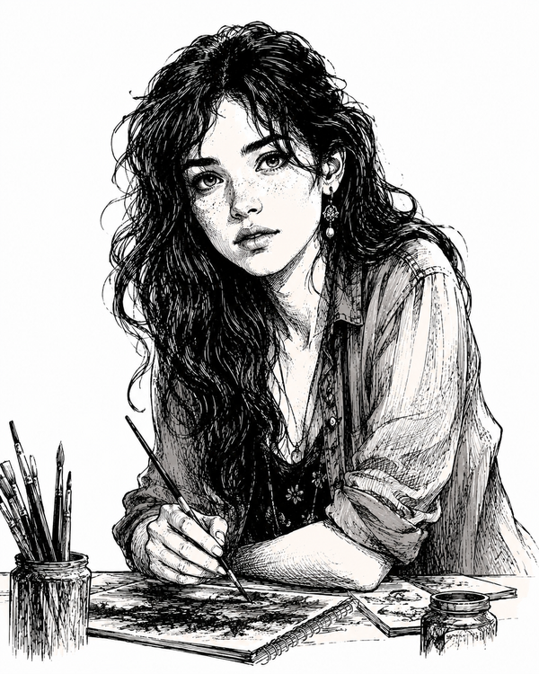Black and white ink illustration of Sophie with long curly hair, wearing a button-up shirt, sitting at a desk and writing or painting. A jar of paintbrushes, a palette, and a small paint container are visible on the desk.