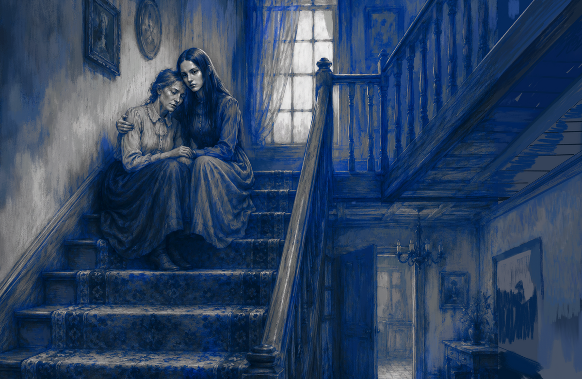A dark blue-toned painting of two women sitting together on a staircase inside a house, with a window, railing, and interior details visible in the scene.