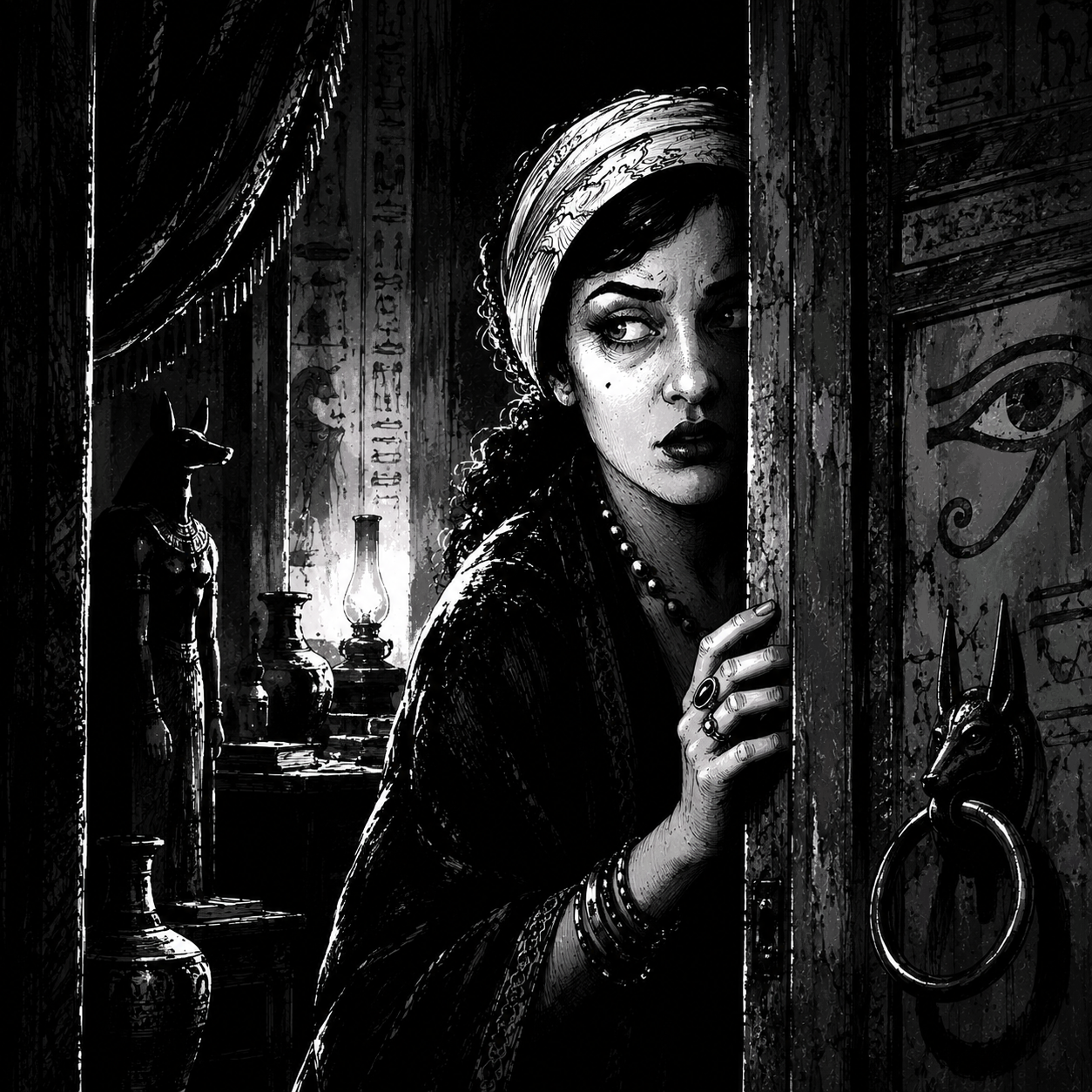 Madame Bea. Black and white illustration of a woman in ancient Egyptian attire peeking from behind a wooden door, with hieroglyphics, a lamp, and an eye motif visible in the background.