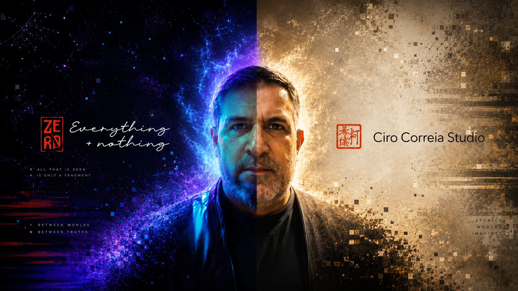 Promotional graphic split vertically: the left half is dark blue/black with glowing purple light effects and the text 'Everything + nothing' and a red square logo; the right half is warm beige/gold with pixelated texture and the text 'Ciro Correia Studio' and a red square logo. A blurred human face is centered across both halves.