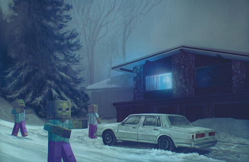 Minecraft zombies lumber past a ghostly light in a house, mid-winter.