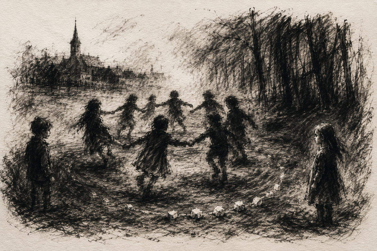 A monochrome sketch-style artwork showing several children holding hands in a circle in an outdoor setting, with a church spire and dark trees in the background.