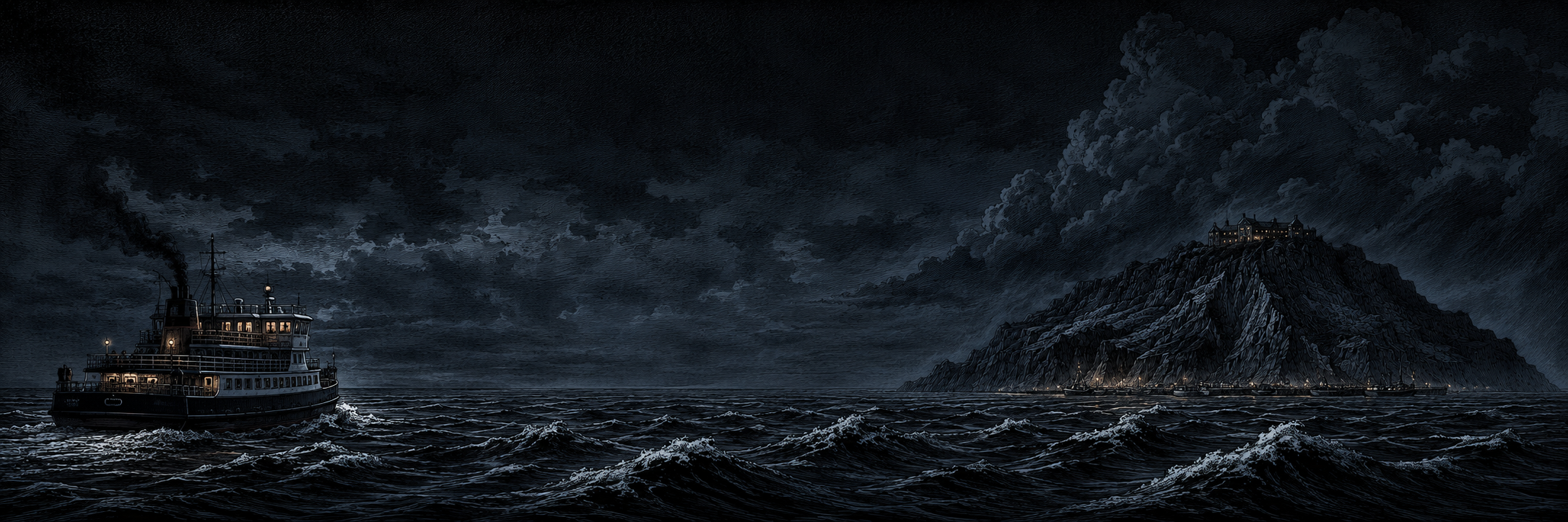 A dramatic dark seascape artwork showing a tugboat on the left and a rocky island on the right under a stormy night sky with heavy clouds and choppy waves.