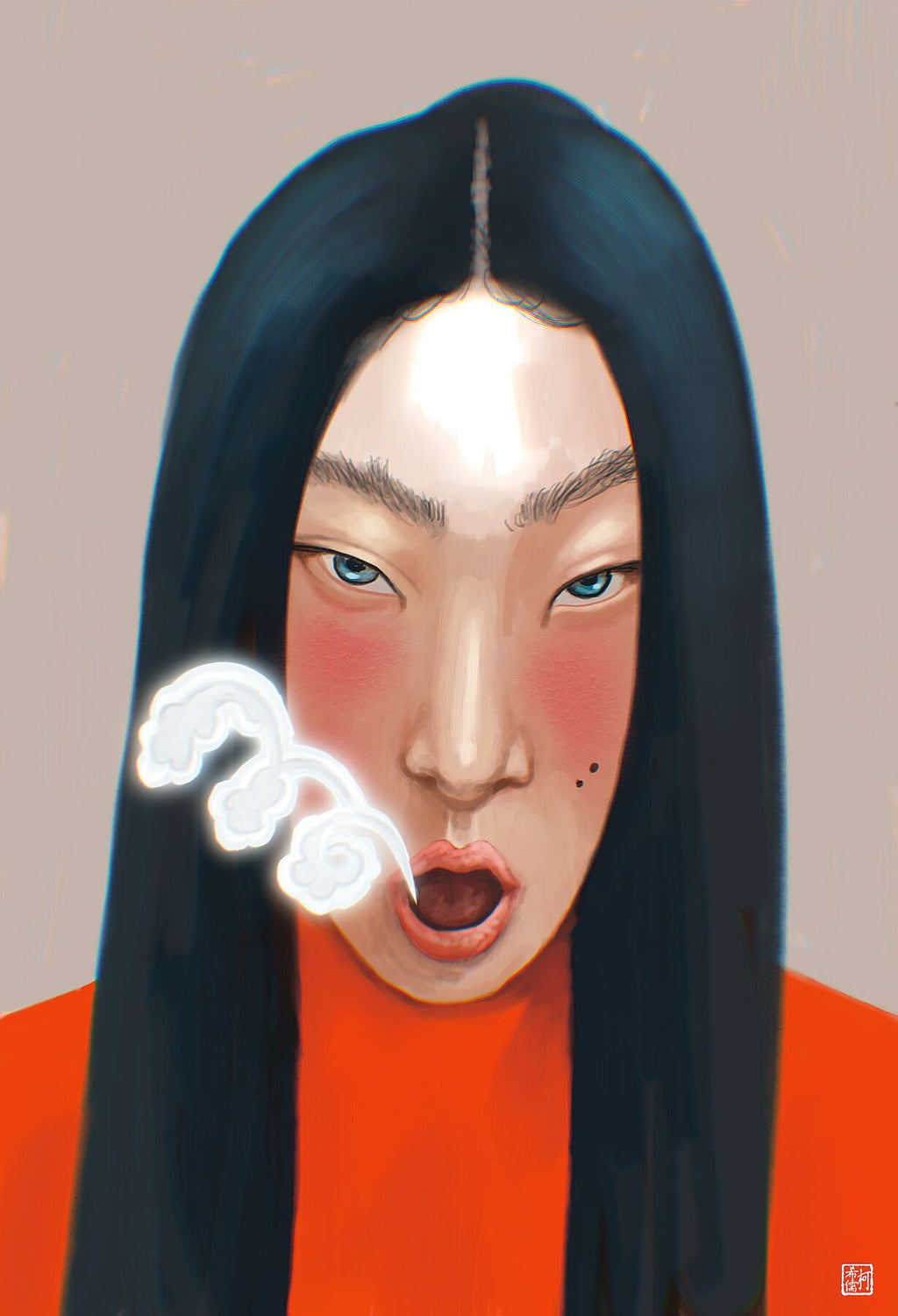 Illustration of a person with long black hair and a red shirt on a beige background