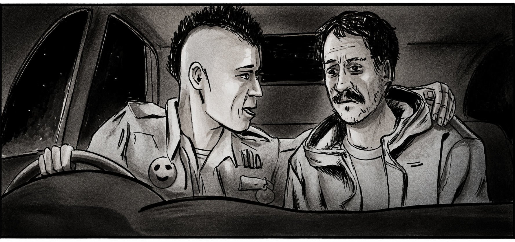 Black and white comic-style illustration of Frank and ROm sitting inside a car, with one man driving and the other seated beside him.