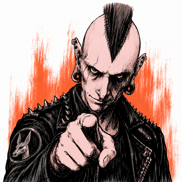 Stylized illustration of Jackal, sporting a punk persona with a shaved topknot, multiple ear piercings, and a black leather jacket, pointing forward against an orange and white background.