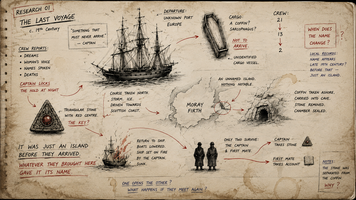 A vintage-style illustrated poster or notebook page titled 'Research of the Last Voyage: C. 14th Century,' showing hand-drawn sketches of a sailing ship, a coffin, a triangle emblem, and notes on aged parchment with red and black ink.