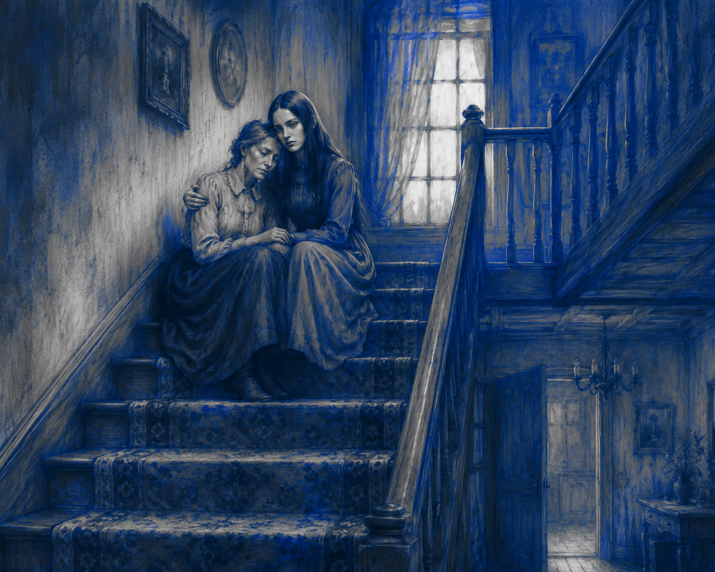 A moody blue-toned painting of Louise and her mum sitting together on a staircase in an old house, with a window above them and a wooden railing to the right.
