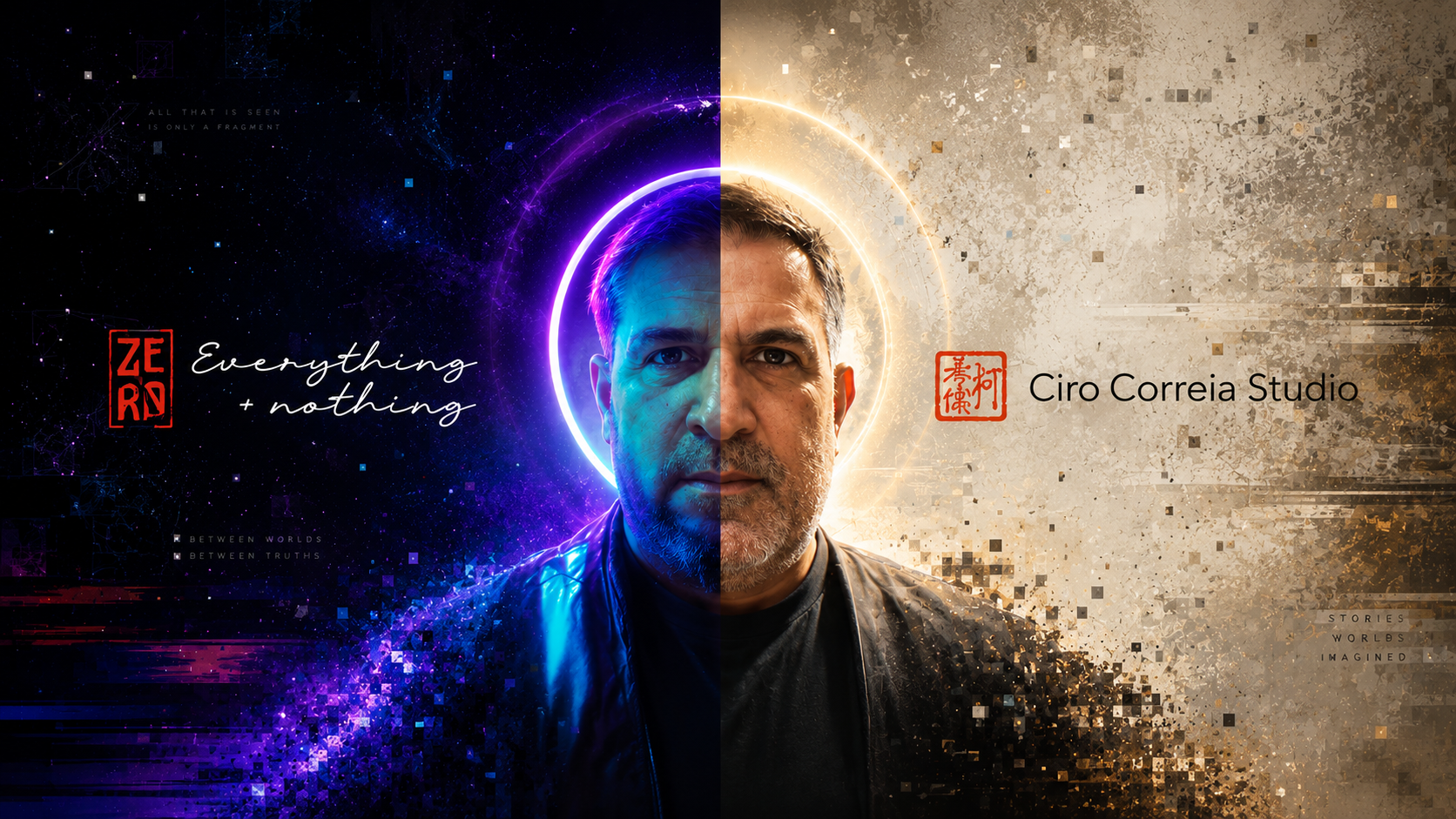 A split promotional portrait of a man, with his face divided vertically between a dark cosmic purple side and a textured beige-gold side. Text on the left reads 'Everything + nothing' with a red logo, and text on the right reads 'Ciro Correia Studio' with a red stamp-style logo.
