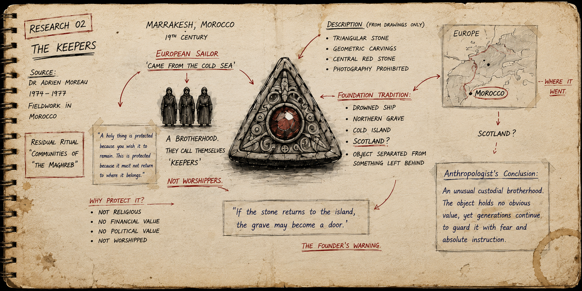 An aged parchment-style poster or print titled 'Research 02: The Keepers' featuring a central triangular stone carving with a red eye, surrounded by handwritten notes, arrows, and maps on a beige background.