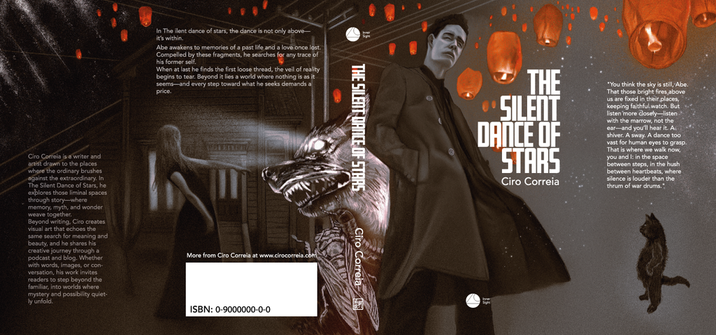 Book cover of 'The Silent Dance of Stars' with a character in a dark coat and a wolf-like creature.