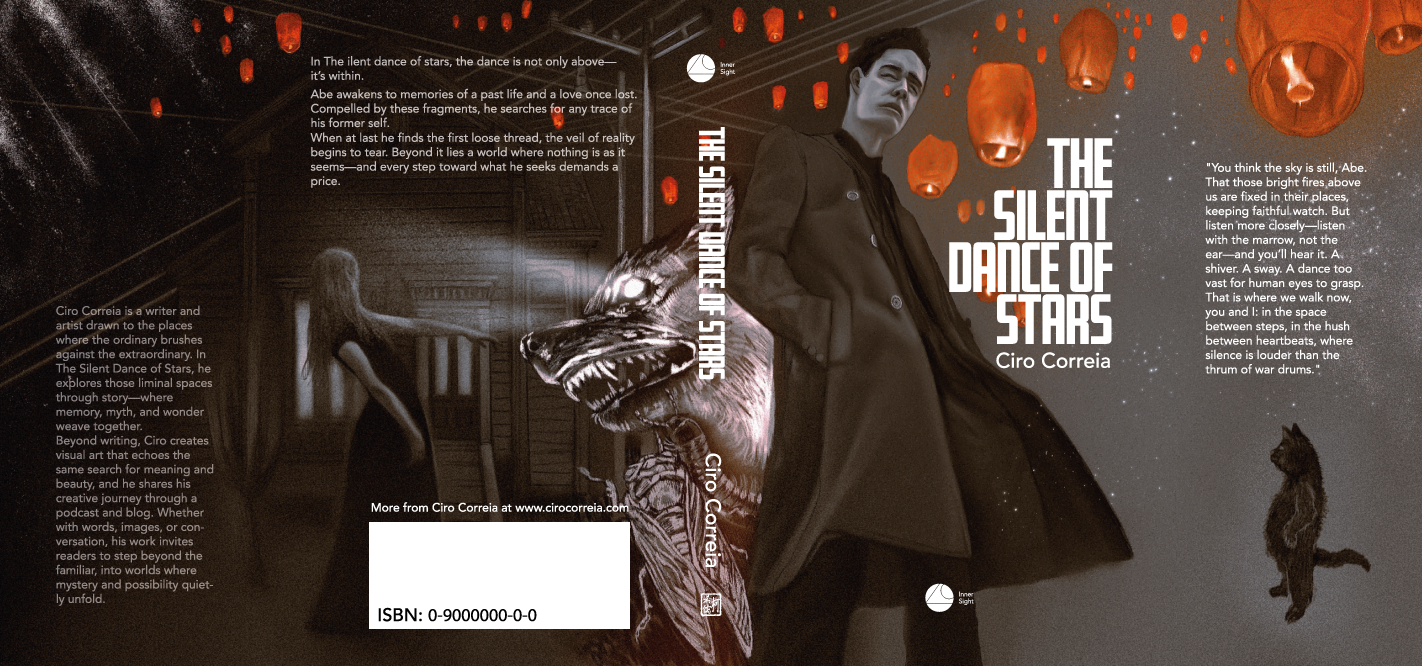 Book cover of 'The Silent Dance of Stars' with a character in a dark coat and a wolf-like creature.