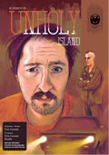 Front and back book covers of 'Unholy Island' by Blacdhubh, featuring a painted portrait of a man in an orange shirt, a dark figure in a hat on the left, and a police officer on the right, with title text and publication details.