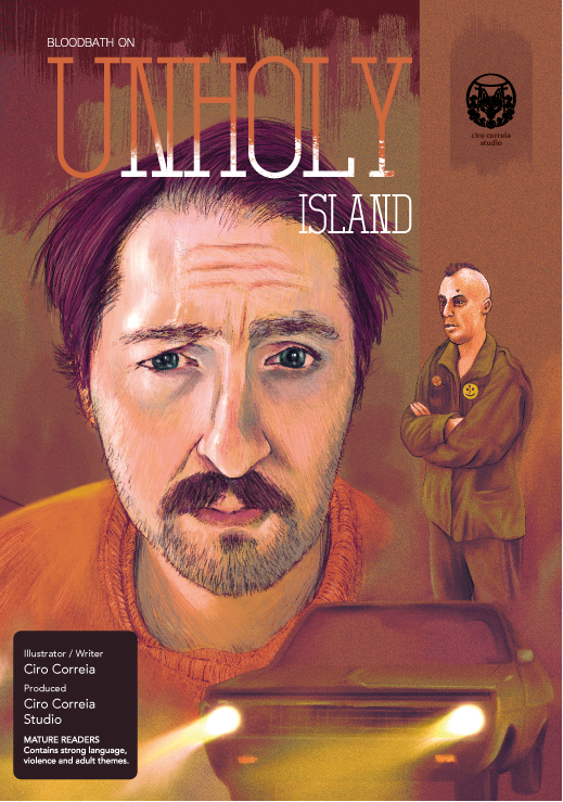 Front and back book covers of 'Unholy Island' by Blacdhubh, featuring a painted portrait of a man in an orange shirt, a dark figure in a hat on the left, and a police officer on the right, with title text and publication details.
