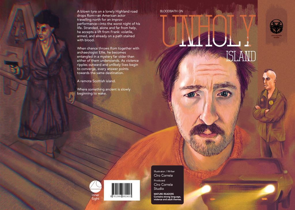 Front and back book covers of 'Unholy Island' by Blacdhubh, featuring a painted portrait of a man in an orange shirt, a dark figure in a hat on the left, and a police officer on the right, with title text and publication details.