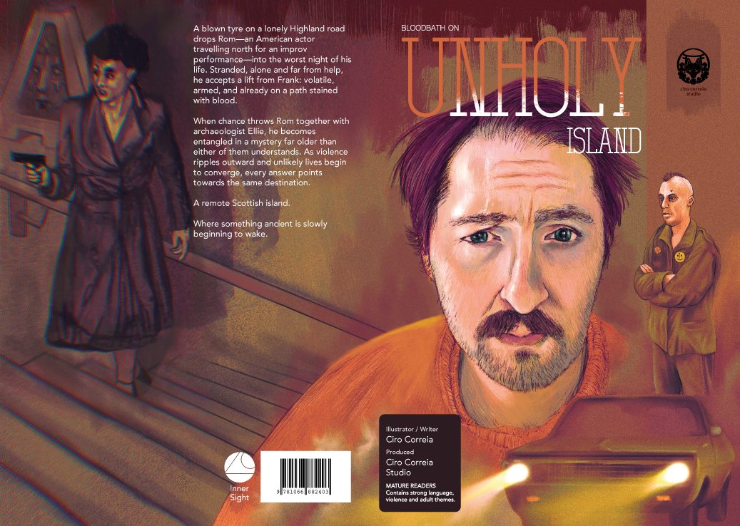 Front and back book covers of 'Unholy Island' by Blacdhubh, featuring a painted portrait of a man in an orange shirt, a dark figure in a hat on the left, and a police officer on the right, with title text and publication details.