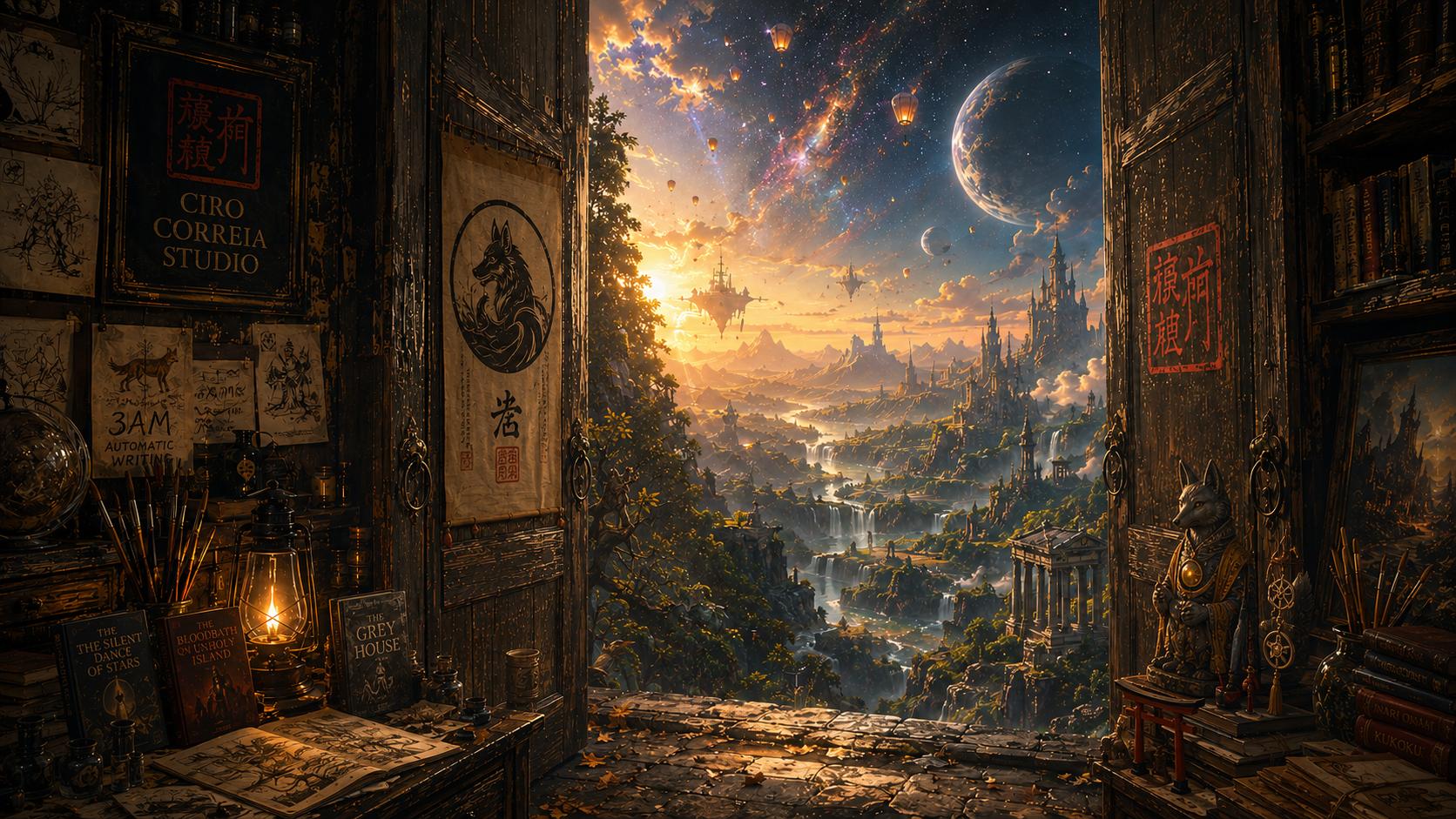 Fantasy digital art print depicting a magical forest city under a starry night sky with a large moon, framed by a dark, cluttered study doorway.
