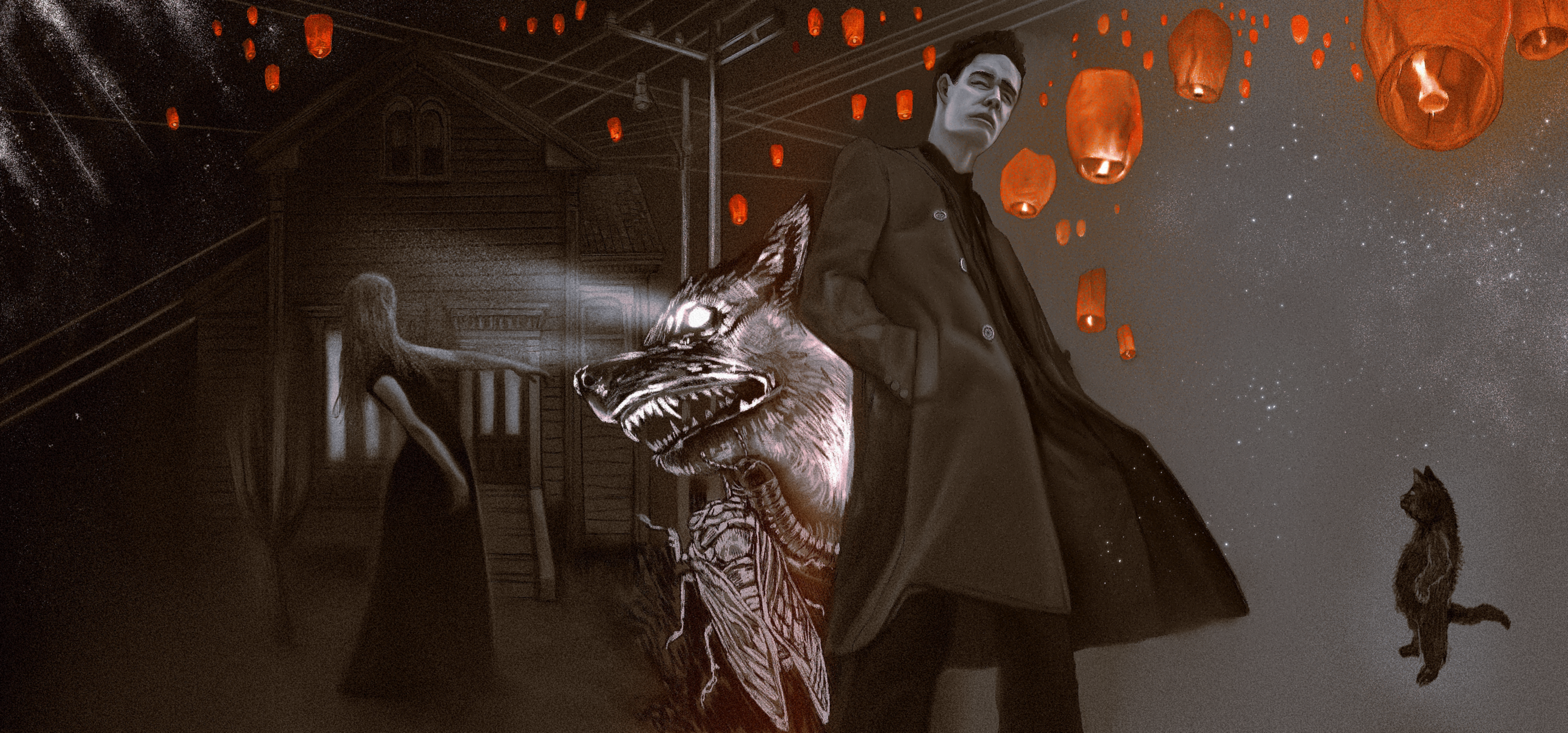 Man standing next to a creature with glowing red lanterns in the background
